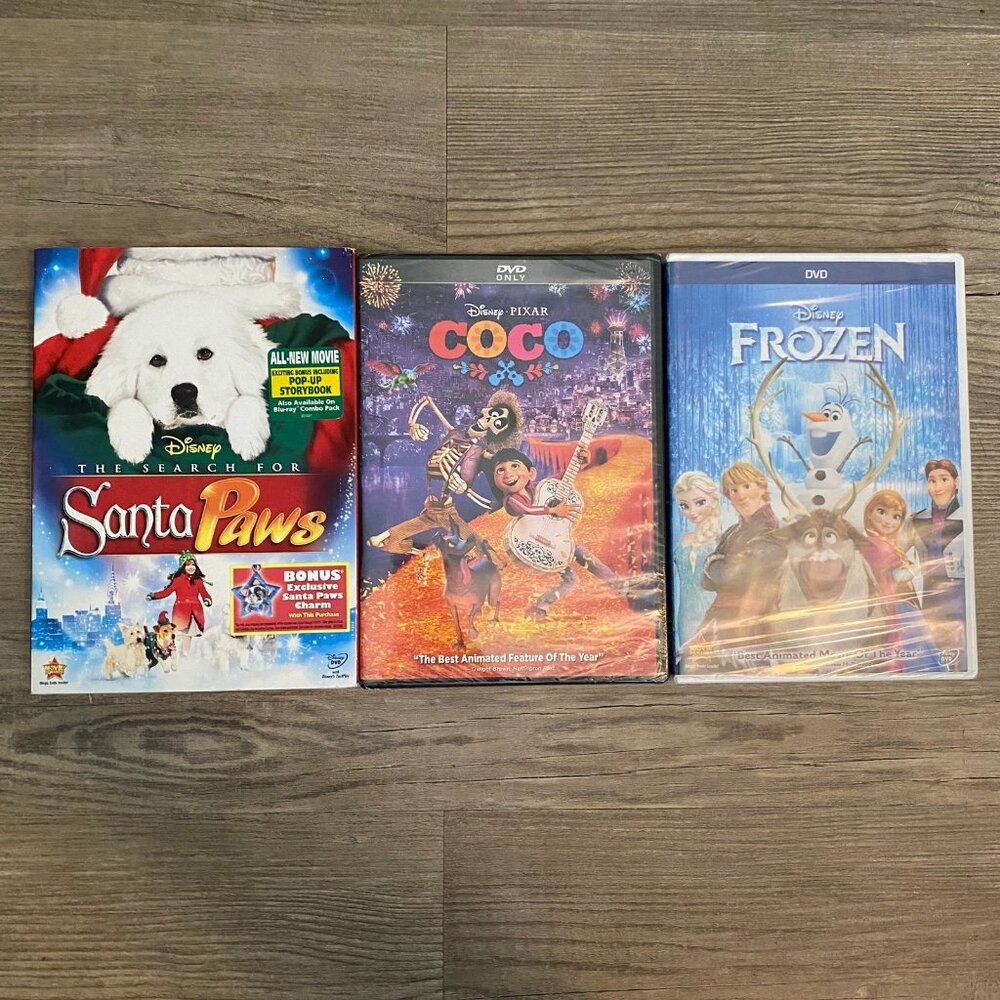Disney DVD Lot of 3 Childrens Movies - The Search for Santa Paws, Coco, Frozen